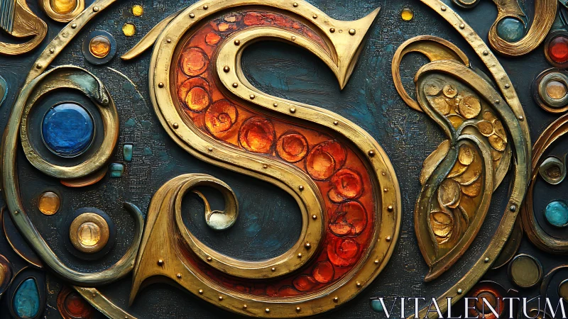Ornate golden letter S with jeweled relief and teal ground.