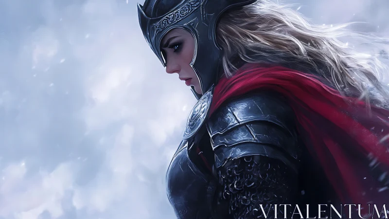 Storm-lit warrior in silver armor and a wind-tossed red cloak.
