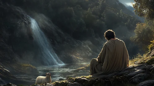Solitary shepherd pauses where silver waterfall threads silence
