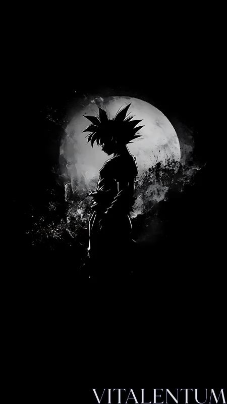 Backlit spiky-haired warrior silhouette against textured lunar halo