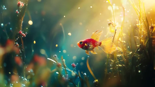 Small orange fish moves through illuminated aquatic vegetation