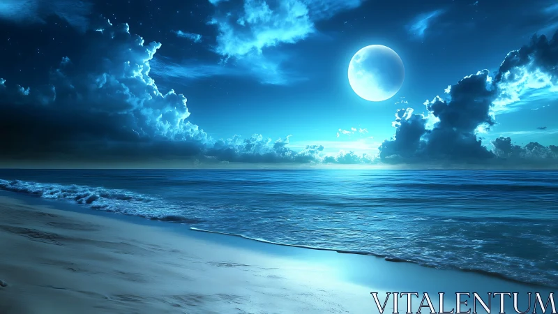 Moonlit shoreline glows gently under a calm night sky