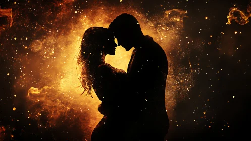 Two figures in silhouette against golden fire and light particles
