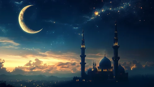 Crescent moon glows above twilight mosque skyline at dusk