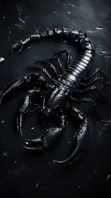 Glossy black scorpion on dark reflective wet surface.