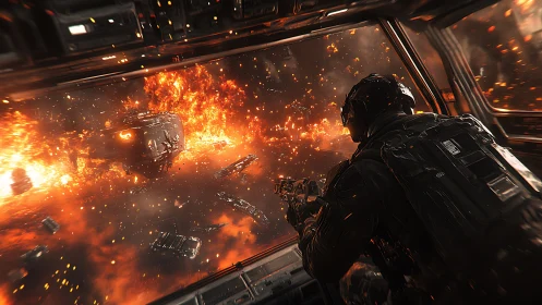 Suited soldier witnesses catastrophic explosion from vessel.