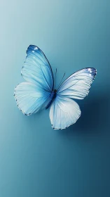 Iridescent blue butterfly on teal gradient minimalist backdrop.