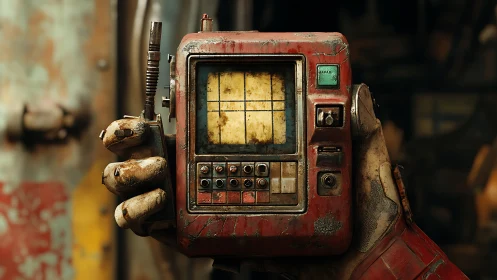 Weathered handheld console showcases retro-futurist interface