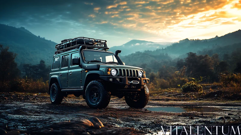 Off-road SUV parked on muddy trail at mountain sunset.