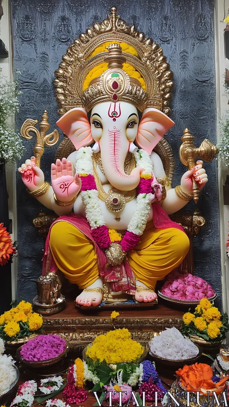 Ganesha idol sits on ornate throne amid vivid floral offerings