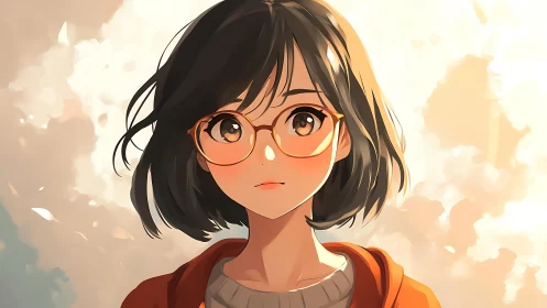 Soft-sunlit girl in amber glasses pausing between daydreams.