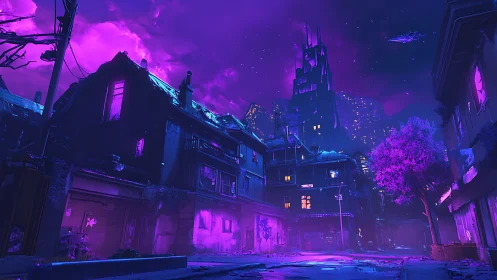Neon cyberpunk alley under glowing magenta night sky