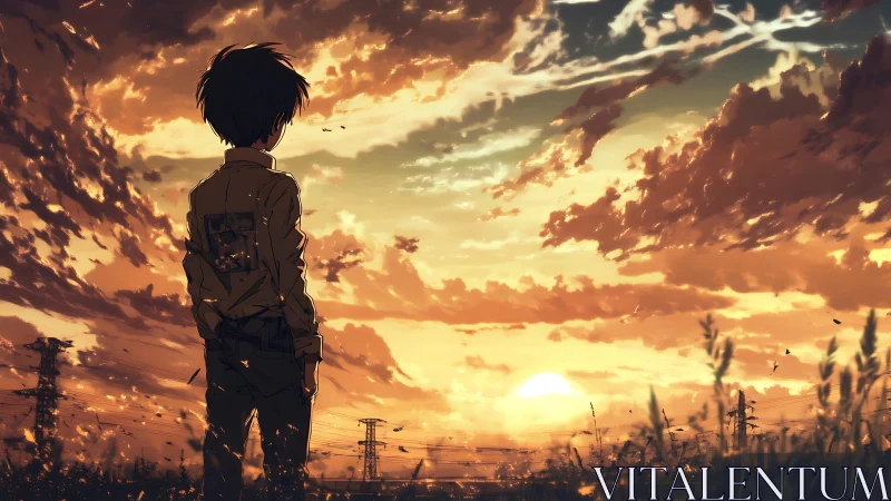 Backlit adolescent silhouette in high-saturation sunset field.