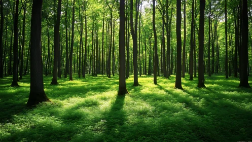 Sunlit forest with tall trees and lush green foliage, serene natural style.