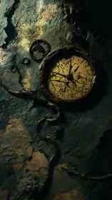 Ancient pocket watch sinking into cracked emerald timewall.