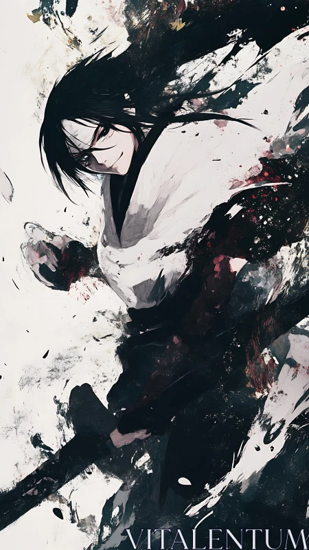 Brushstroke shadows whirl as the stoic swordsman smiles