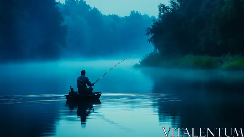 Lone angler in small boat on blue misty forest lake.