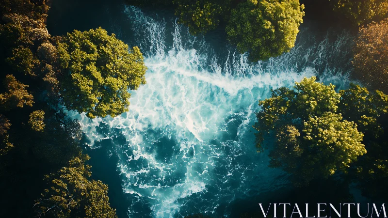 Sunlit forest river rushing through a bright green valley.