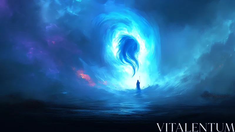 Solitary mage confronts swirling blue vortex over dark sea