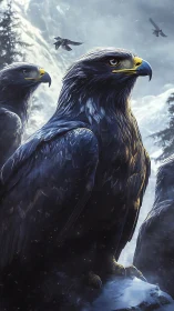Mountain eagles rendered with high-detail plumage and cold backlight