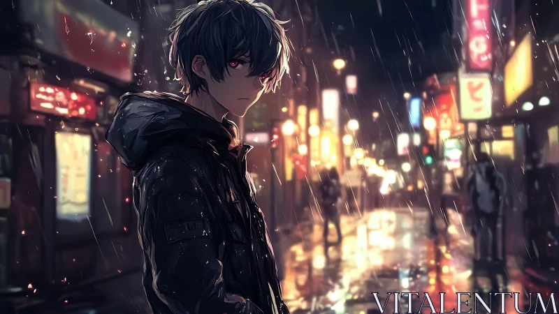 Moody anime street portrait in neon rain-soaked cityscape.