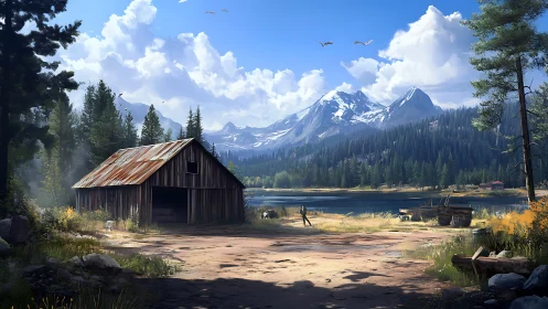 Rustic lakeside barn beneath towering alpine peaks.