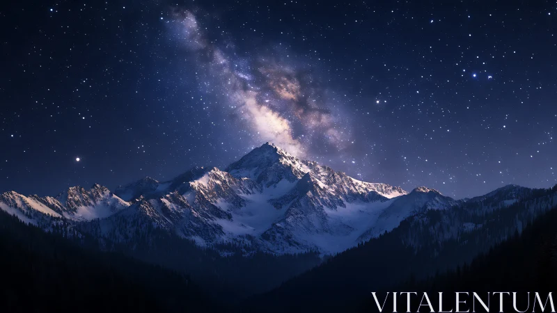 Snow-covered mountains are shown beneath a dense star field