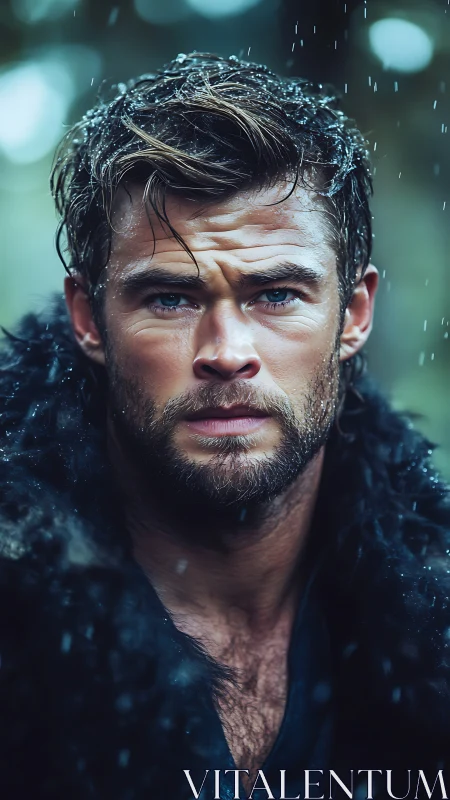 Brooding warrior stands in rain with intense, focused gaze.