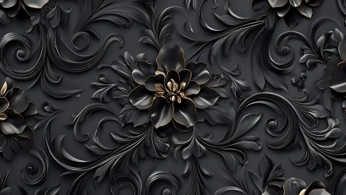 Ornamental black floral relief with gilded botanical centerpiece.