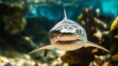 Shark swims toward camera in clear shallow reef water