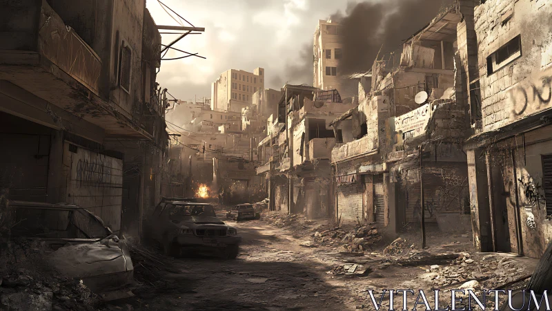 Urban street scene with extensive structural damage.