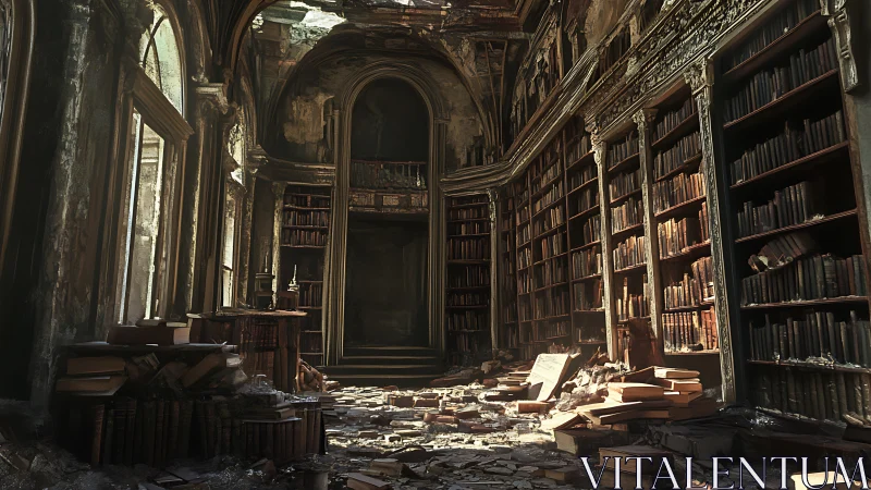 Abandoned grand library interior lined with decaying books.