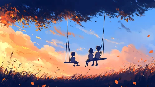 Children swinging through golden dusk reverie.