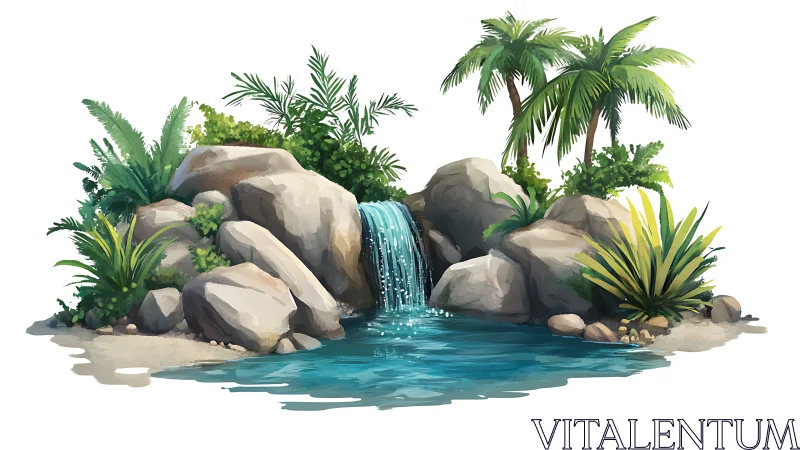 Tropical Waterfall Oasis with Lush Vegetation and Boulder Formation