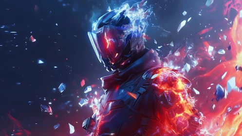 Sci fi armored figure with fire and ice energy effects.