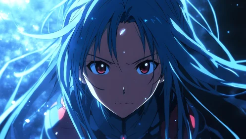 Anime close-up portrait with dynamic blue energy lighting.