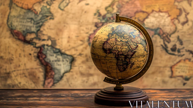 Illuminated vintage terrestrial globe on wooden desktop stand