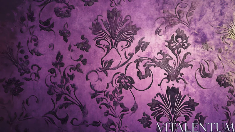 Embossed violet damask wallpaper shows textured floral vector relief