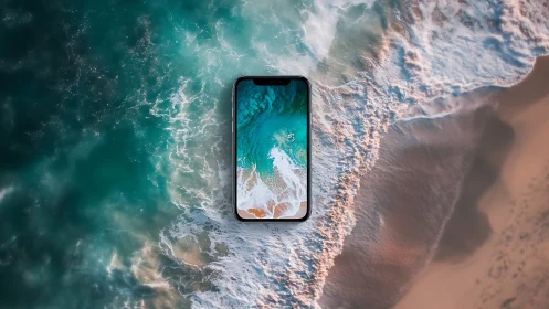 Smartphone overlay merges coastal shoreline with screen waves.