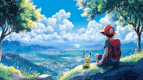 Boy and yellow creature overlooking bright valley vista.