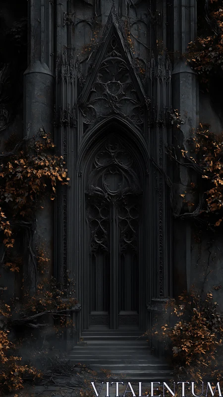 Gothic obsidian doorway framed by withered autumn vines.