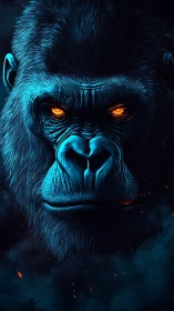 Gorilla head in blue lighting with orange illuminated eyes.