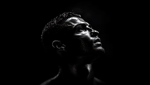 Sweat-slicked profile carves silver constellations from shadow