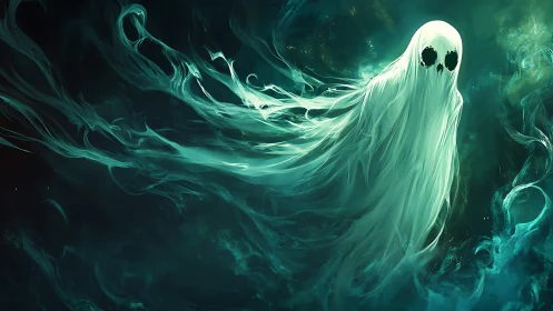 Ethereal ghost drifting through luminous teal mist.