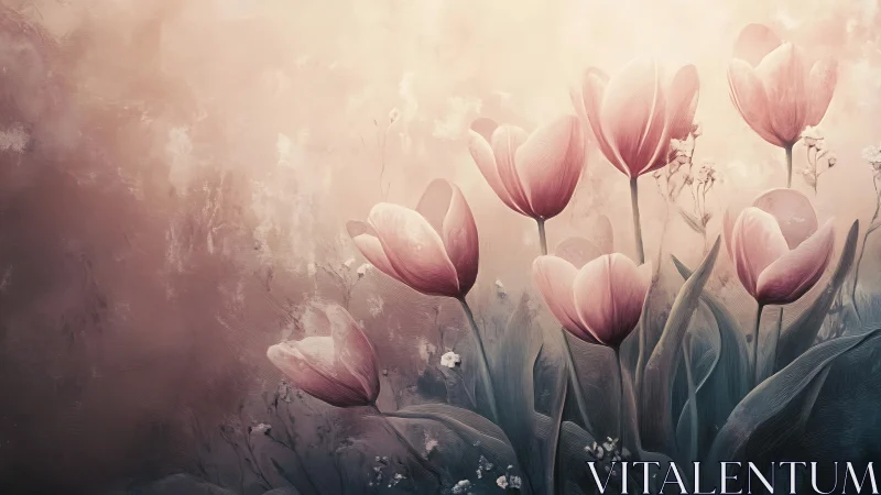 Pink tulips against soft hazy background with muted tones