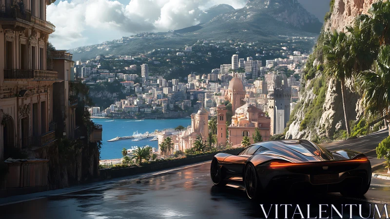 Futuristic supercar on coastal city hillside road at dusk