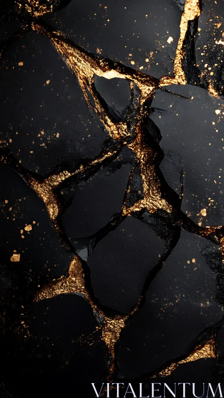 Shattered black stone reveals molten gold fracture veins