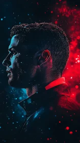 Male profile glows against split red and blue nebula background