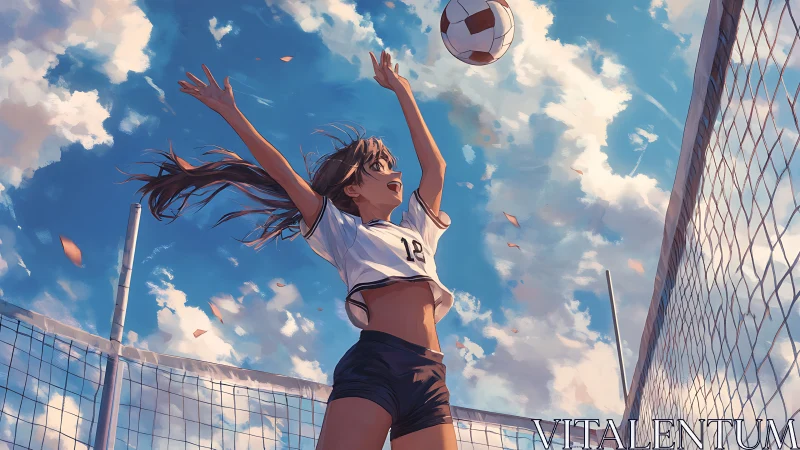 Female volleyball player jumping near net under open sky.