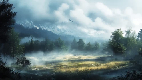 Fog laden alpine meadow with distant conifer forest and peaks